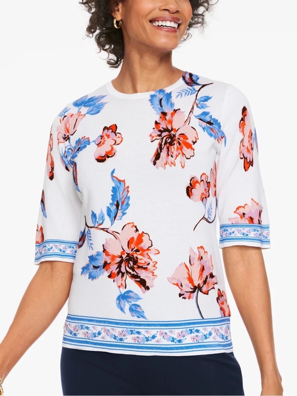 Talbots Floral Print Elbow Sleeve Sweater Sz S